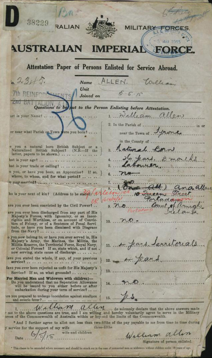 Private William Allen - Attestation Paper