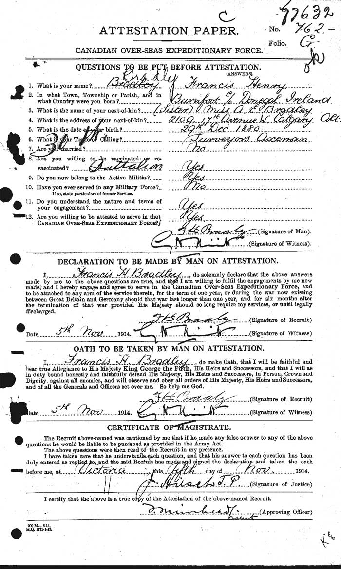 Francis Henry Bradley Attestation Paper - page 1