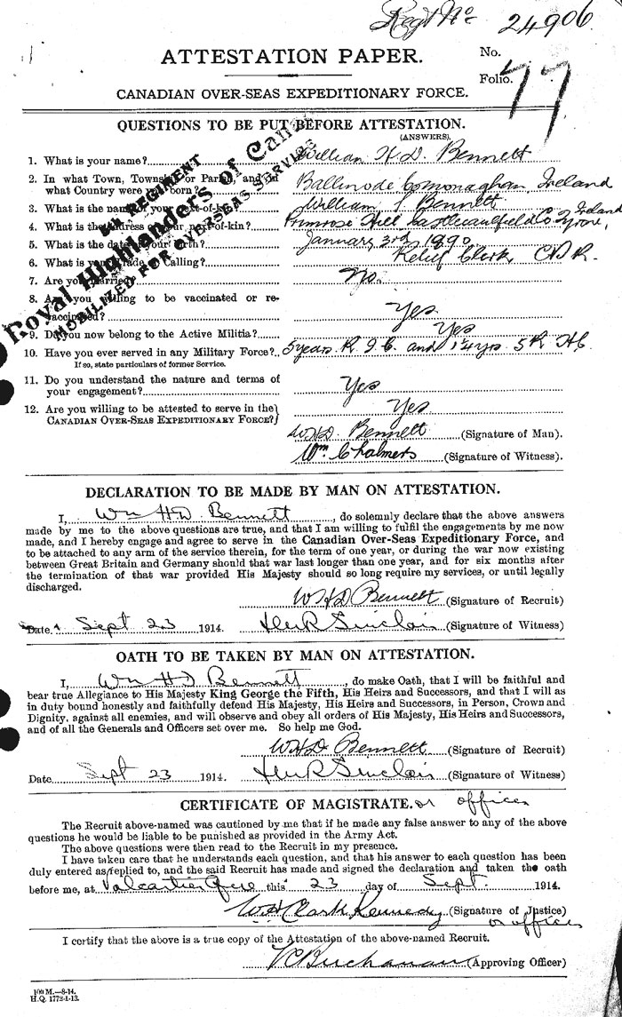 William H D Bennett Attestation Paper - page 1