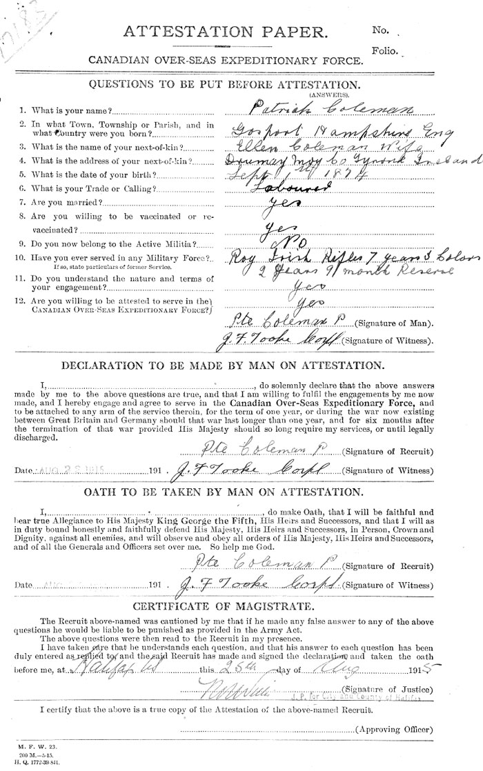 Patrick George Coleman Attestation Paper - page 1