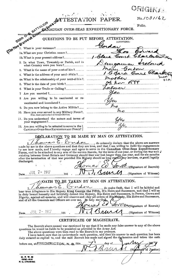 Thomas Edward Gordon  Attestation Paper - page 1