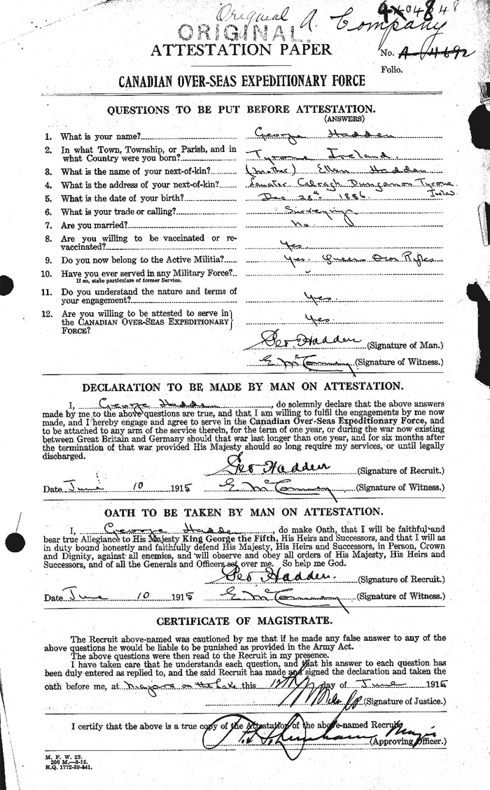 George Hadden Attestation Paper - page 1