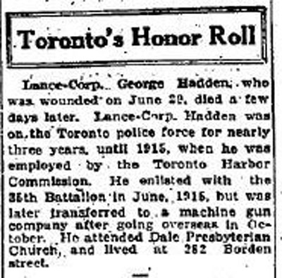 GLOBE AND MAIL online archive. 1916, August 21. p 9 TORONTO HONOUR ROLL feature. Top entry: