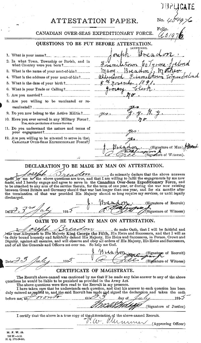 Joseph Breadon Attestation Paper - page 1