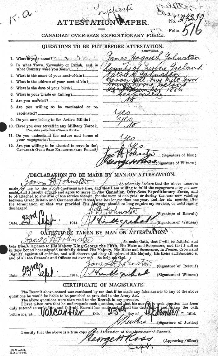 James Hogarth Johnston - Attestation Paper - page 1