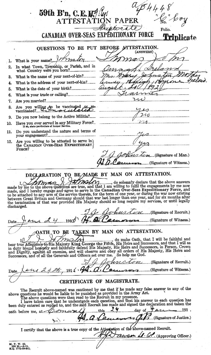 Thomas John Johnston Attestation Paper - page 1