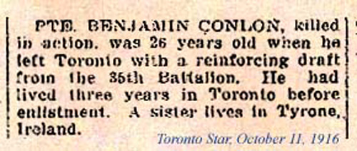 Benjamin Conlon - news cutting Toronto Star 11 Octtober 1916