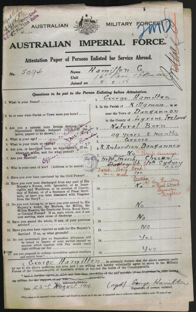 George Hamilton Enlistment / Attestation - Page 1