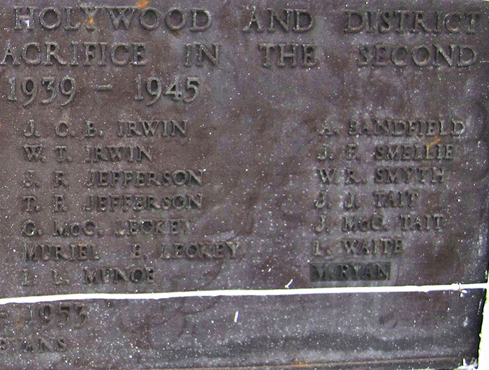 Flight Sergeant John Tait - Holywood region on Holywood War Memorial.