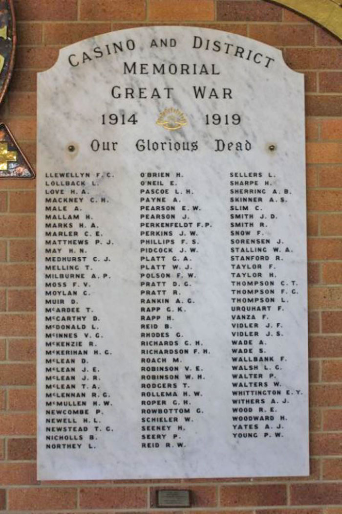 Casino and District WWI Memorial Plaque in New South Wales